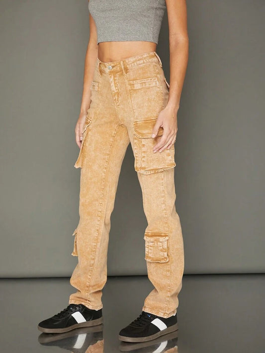 CM-BS124121 Women Casual Seoul Style Premium Denim Straight Leg Cargo Jeans - Khaki
