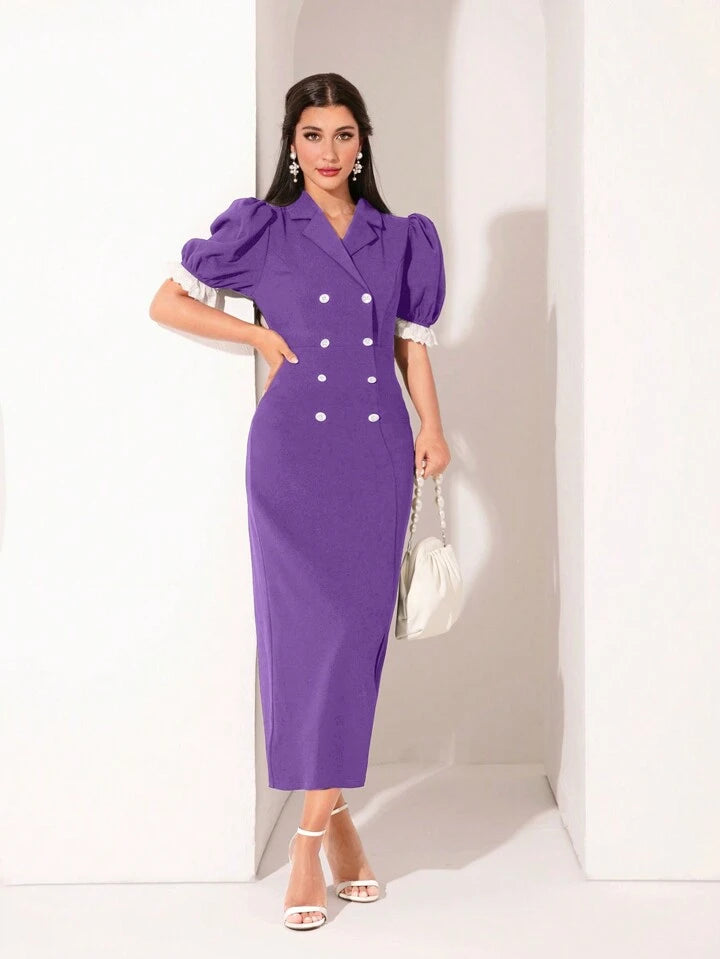 CM-DS068804 Women Elegant Seoul Style Lace Patchwork Double-Breasted Puff Sleeve Dress - Purple