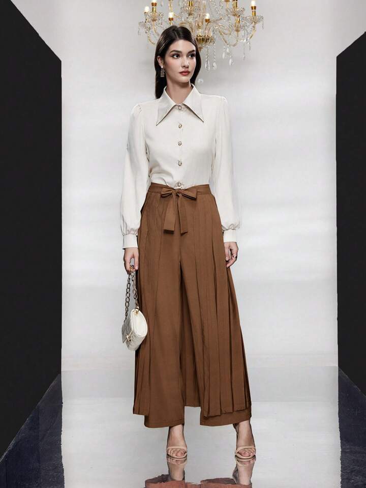 CM-BS787347 Women Casual Seoul Style Belted Pleated Wide Leg Pants - Brown