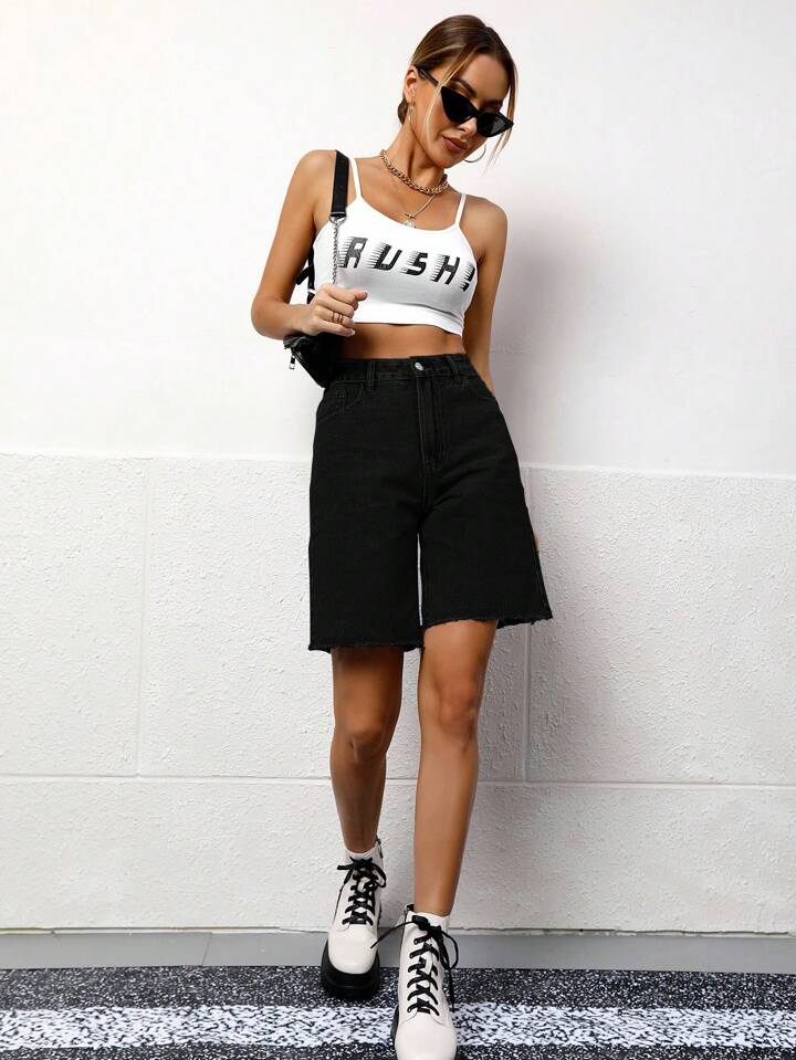 CM-BS280506 Women Casual Seoul Style Solid Color Pocket Frayed Hem Bermuda Denim Shorts - Black