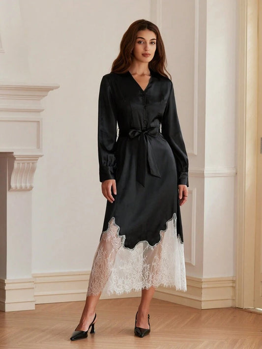 CM-DS235606 Women Elegant Seoul Style V-Neck Button Up Colorblock Lace Trim Long Sleeve Dress - Black