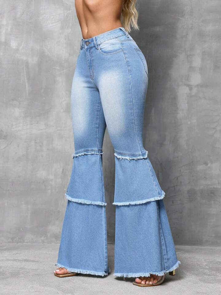 CM-BS928591 Women Casual Seoul Style Light Wash Splice Multi-Layer Fringed Patch Pockets Flare Jeans