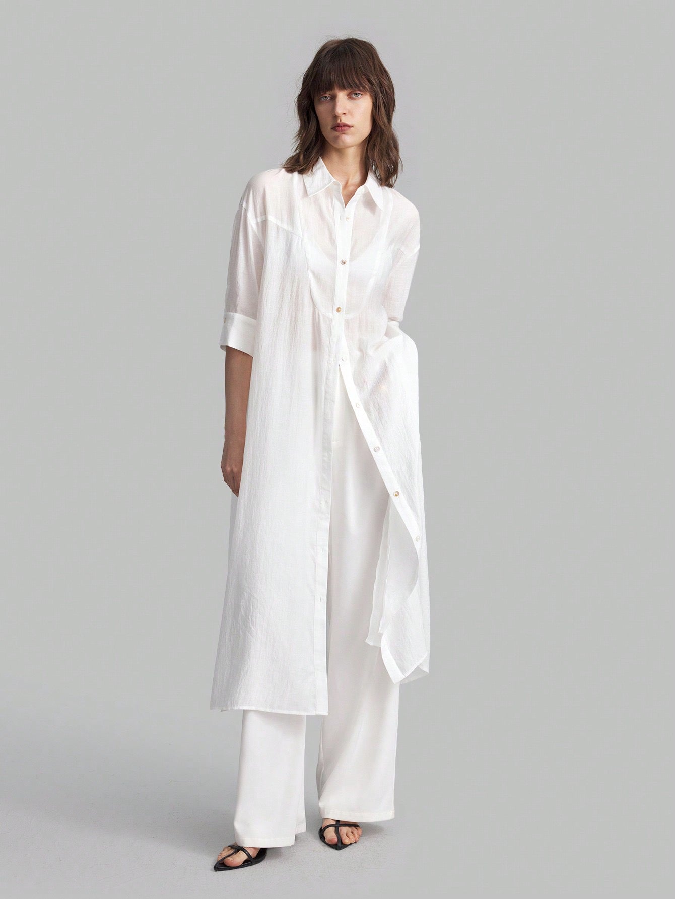 CM-TS582370 Women Casual Seoul Style Drop-Shoulder Long-Sleeve Half-Transparent Split Long Shirt