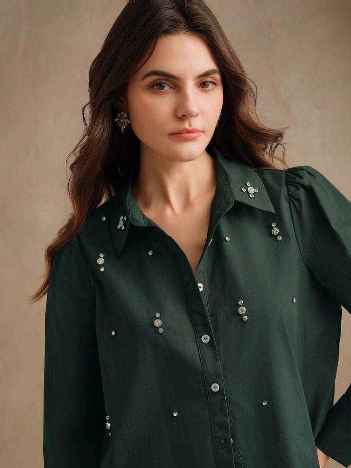 CM-TS018855 Women Elegant Seoul Style Long Sleeve Rhinestone Button Blouse - Dark Green