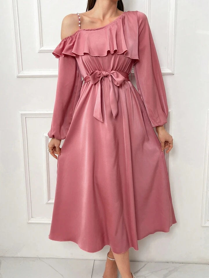 CM-DS197837 Women Elegant Seoul Style Asymmetric Collar Ruffle Hem A-Line Dress - Hot Pink