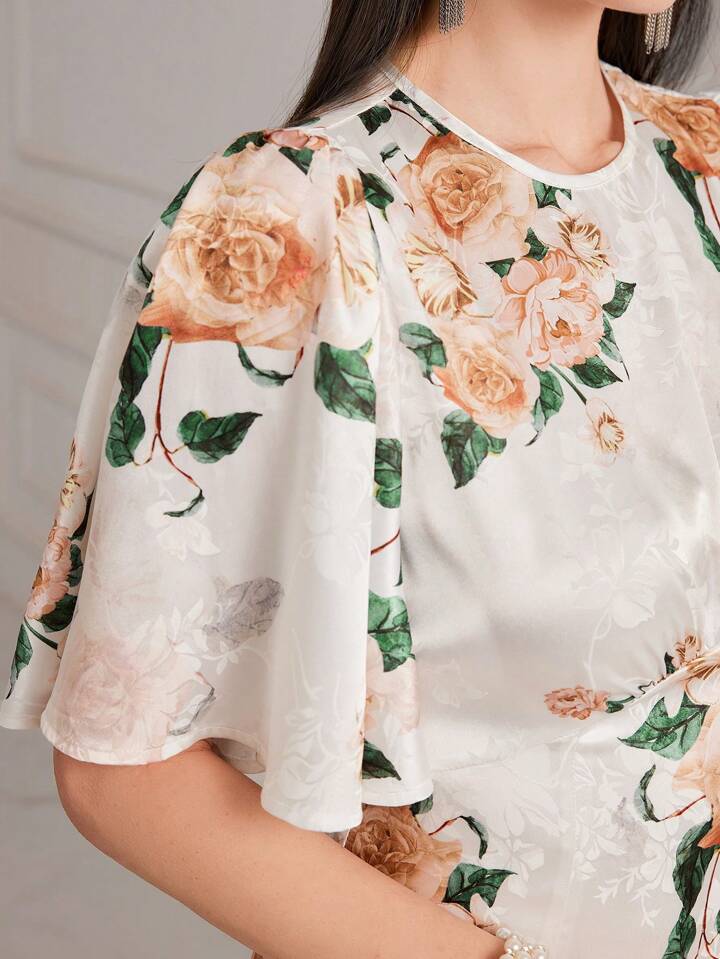 CM-DS969986 Women Elegant Seoul Style Floral Printed Butterfly Sleeve A-Line Dress