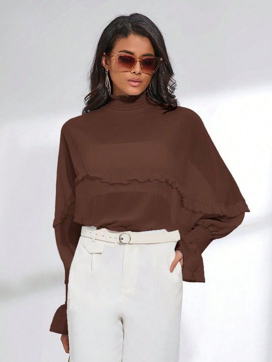 CM-TS440441 Women Trendy Bohemian Style Shirred Neck Batwing Sleeve Sheer Blouse - Brown