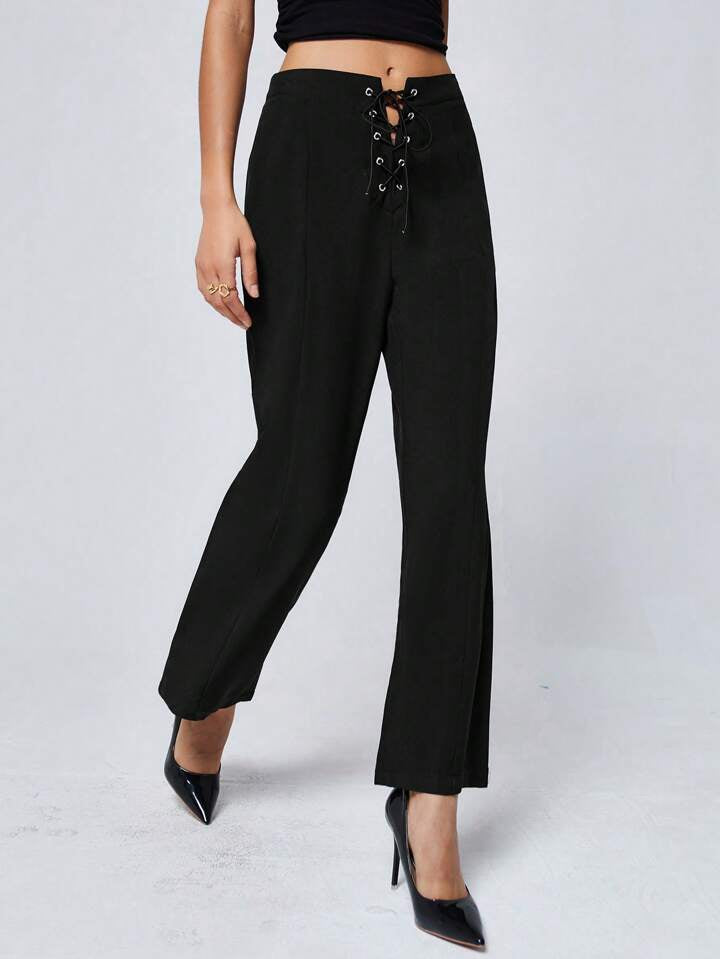 CM-BS714406 Women Casual Seoul Style Waist-Tied Straight Leg Long Pants - Black