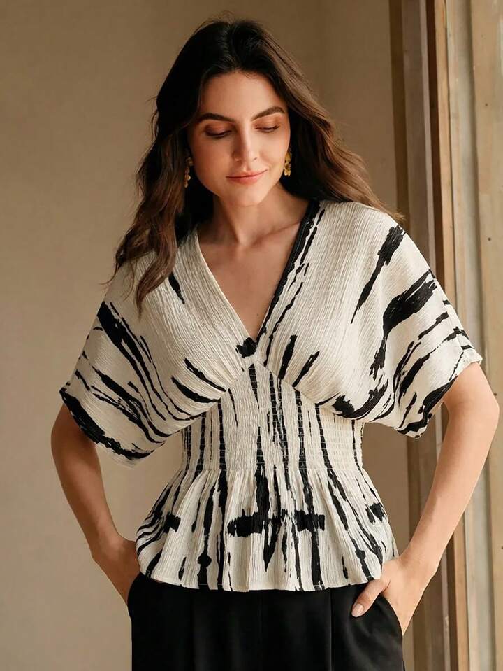 CM-TS534596 Women Elegant Seoul Style V-Neck Short Sleeve Ink Print Shirred Waist Blouse - Apricot