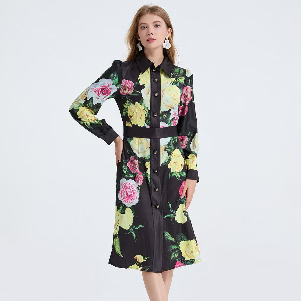 CM-DY053339 Women Elegant European Style Floral Print Collar Neckline Long Sleeve Midi Dress - Black