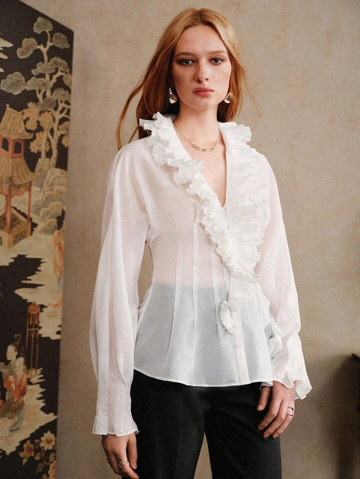 CM-TS335916 Women Elegant Seoul Style Chiffon Fabric V-Neck Long Sleeve Waist Pleated Double Ruffle Collar Design Shirt
