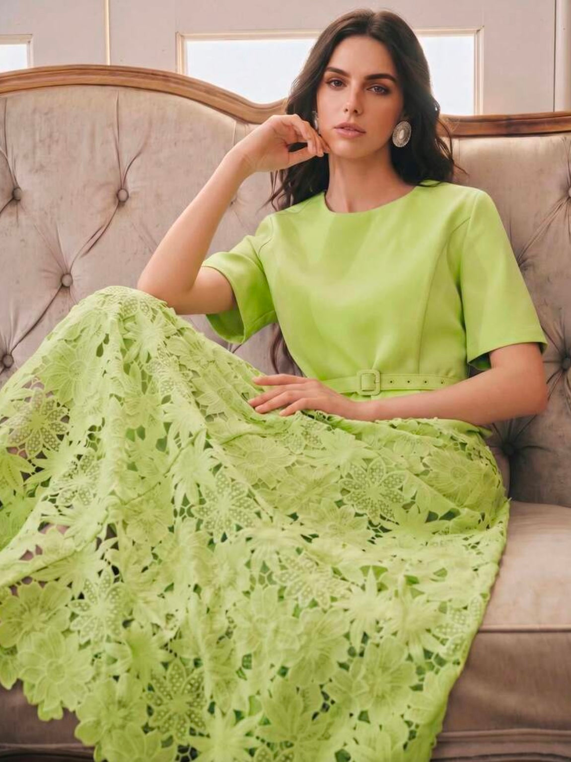 CM-DS406854 Women Elegant Seoul Style Round Neck Short Sleeve Water-Soluble Lace Patchwork A-Line Dress - Green