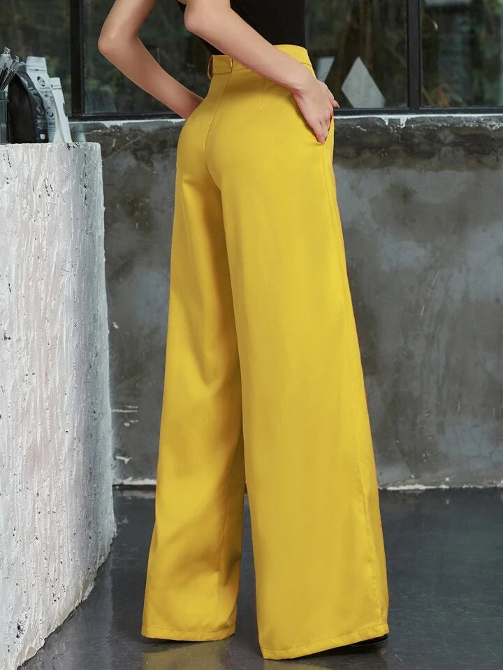 CM-BS513222 Women Elegant Seoul Style Solid Mid Waist Zip Back Wide Leg Pants - Yellow