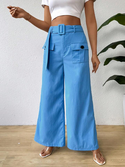 CM-BS942134 Women Casual Seoul Style Flap Pocket Buckle Belted Wide Leg Pants - Blue