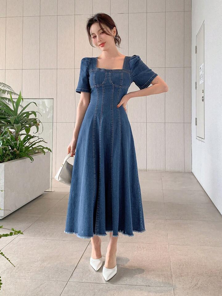 CM-DS600208 Women Casual Seoul Style Square Neckline Puff Sleeve Frayed Hem Denim Dress - Blue
