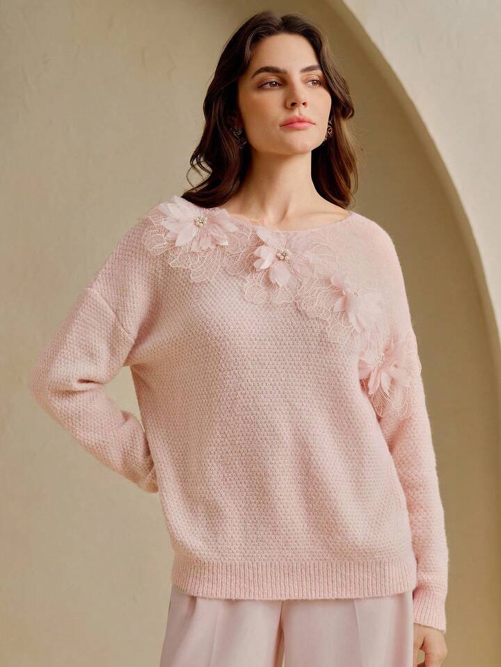 CM-CS688184 Women Elegant Seoul Style Round Neck Hollow-Out 3D Floral Long Sleeve Oversized Sweater - Pink