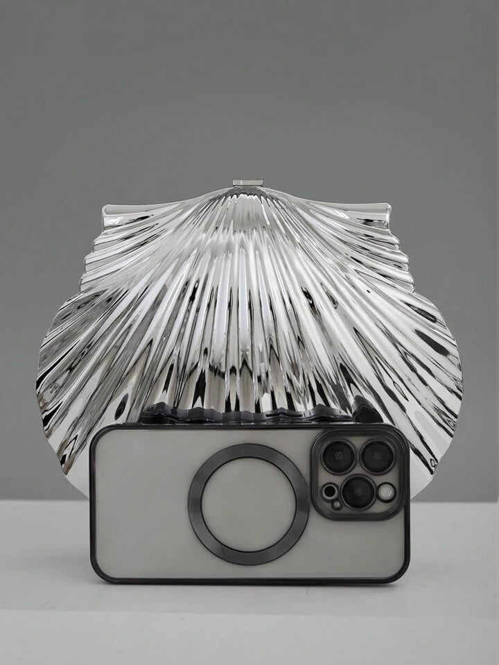 CM-BGS357177 Women Trendy Seoul Style Pearl Shell Chain Kiss Lock Handbag - Silver