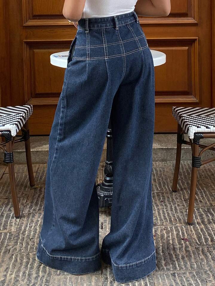 CM-BS285981 Women Casual Seoul Style Dark Wash Loose Wide Leg Denim Jeans