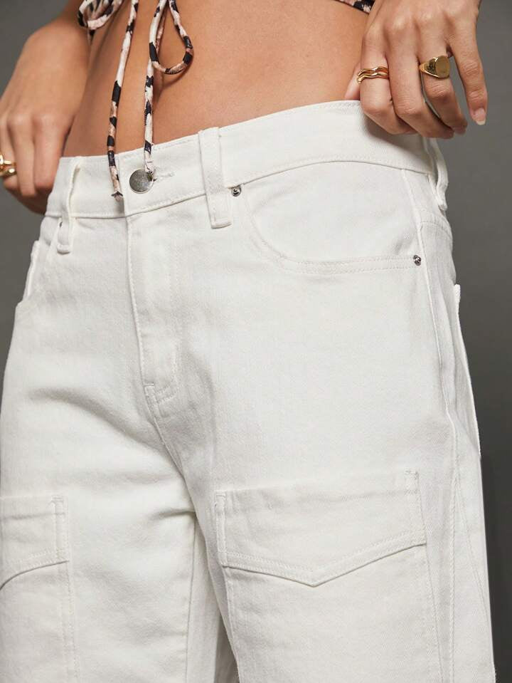 CM-BS703730 Women Casual Seoul Style Plain Zipper Fly Wide Leg Cargo Jeans - White