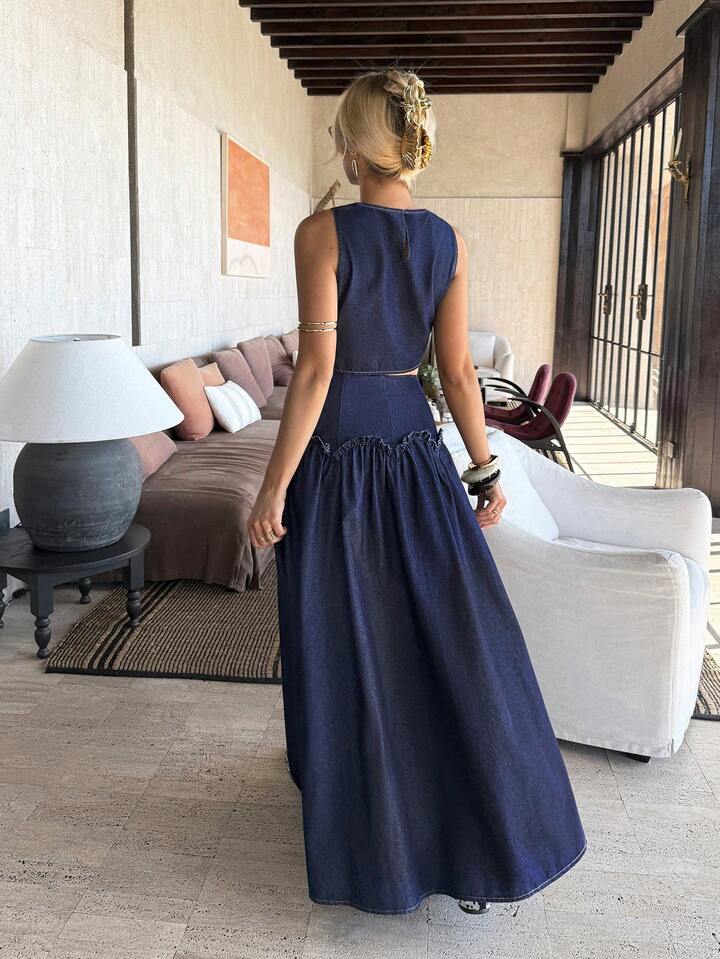 CM-SS155777 Women Casual Seoul Style Dark Wash Sleeveless Denim Vest Top With Flared Long Skirt - Set