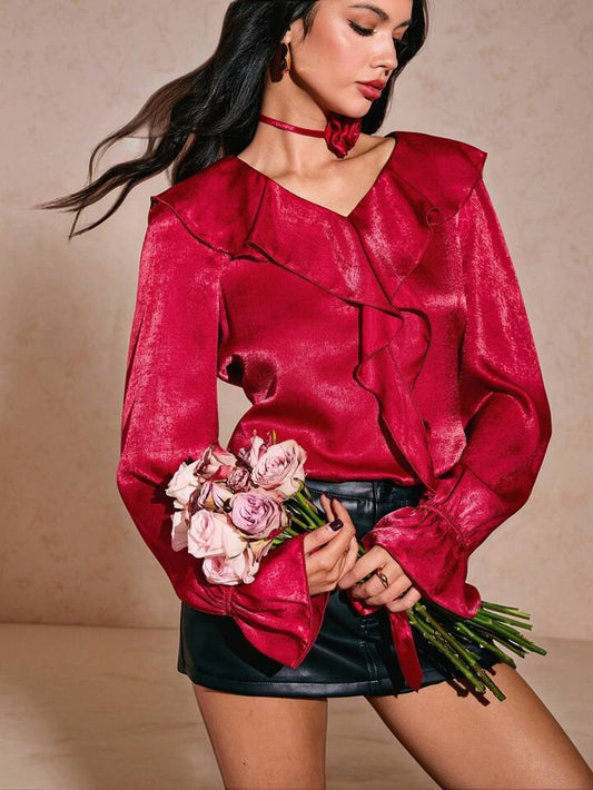 CM-TS885481 Women Elegant Seoul Style V-Neck Extra Long Flare Sleeve Ruffled Shirt - Red