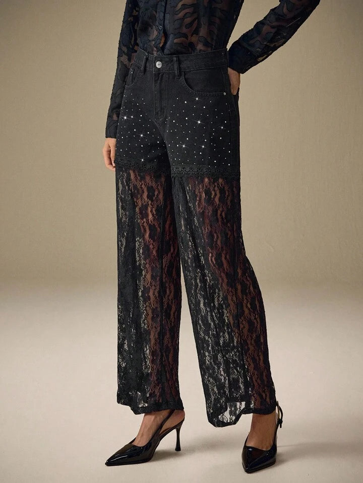 CM-BS245569 Women Elegant Seoul Style Lace Patchwork Rhinestone Embellished Straight-Leg Denim Jeans - Black