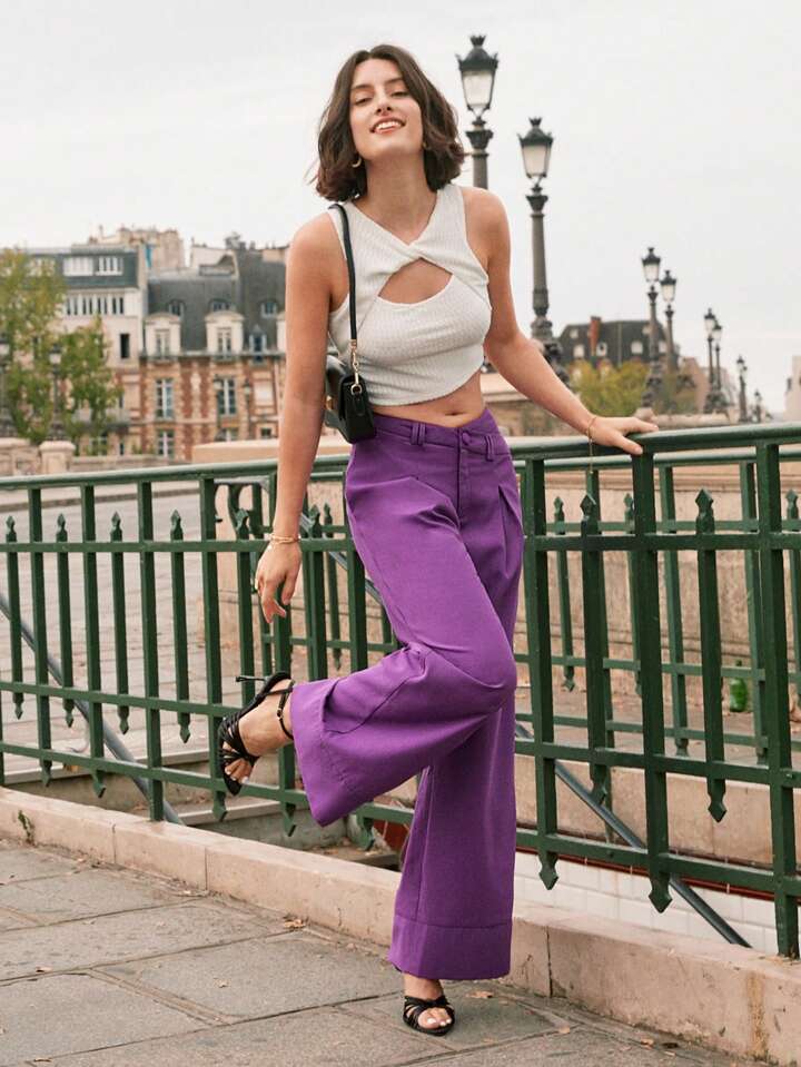 CM-BS357441 Women Casual Seoul Style High Waist Solid Wide Leg Pants - Purple