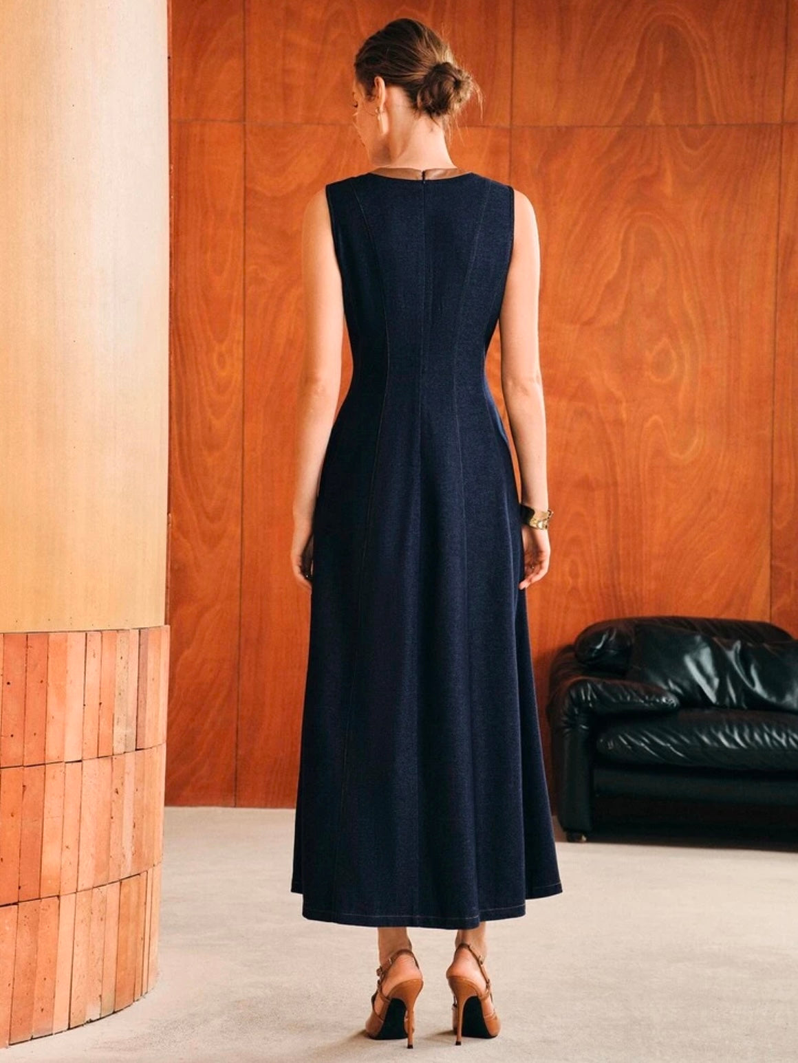CM-DS805384 Women Elegant Seoul Style PU Collar Contrast Color Faux Denim Effect Long A-Line Sleeveless Dress - Navy Blue