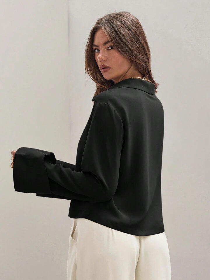 CM-TS834463 Women Trendy Bohemian Style Shirt Collar Front Tie Long Sleeve Shirt - Black