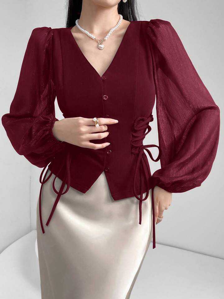 CM-TS872949 Women Elegant Seoul Style Sheer V-Neck Puff Lantern Sleeves Lace-Up Detail Blouse - Burgundy