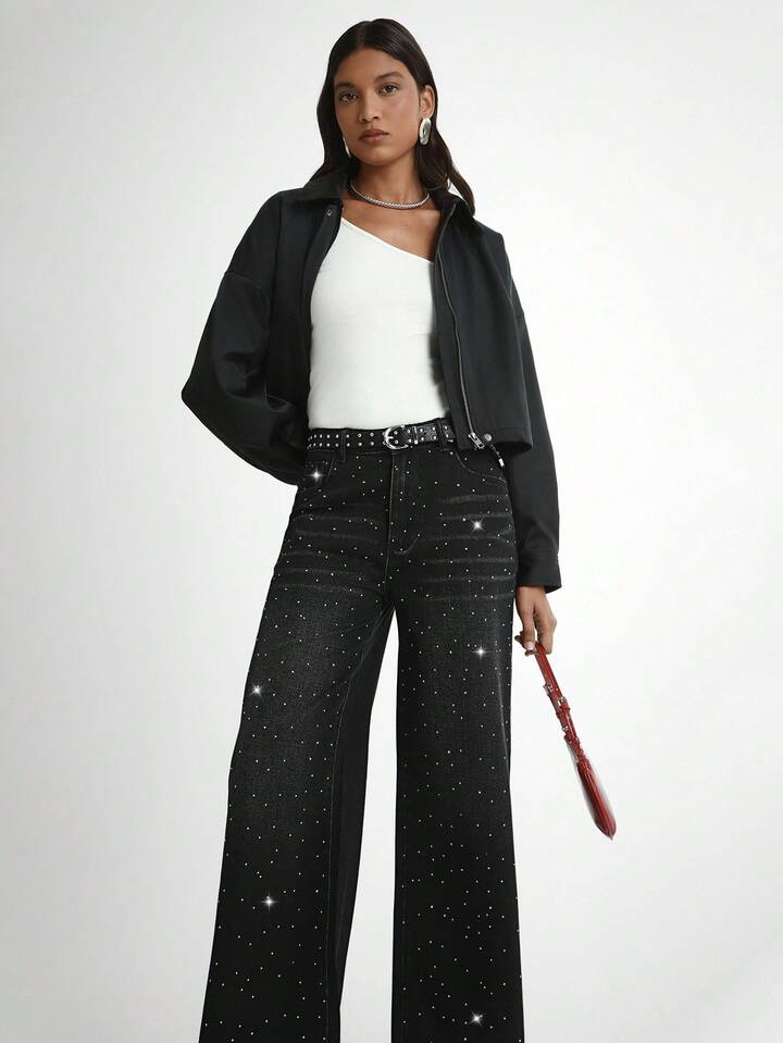 CM-BS359973 Women Casual Seoul Style Mid Waist Rhinestone Embellished Wide Leg Denim Jeans - Black
