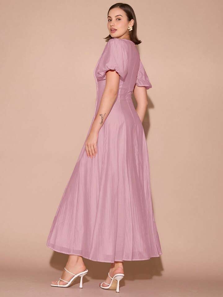 CM-DS126771 Women Elegant Seoul Style Round Neck Bubble Pleat Puff Long Sleeve Maxi Dress - Dusty Pink
