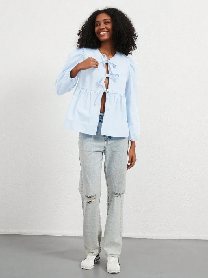 CM-TS617176 Women Casual Seoul Style Print Ruffle Hem Tie Long Sleeve Shirt - Baby Blue