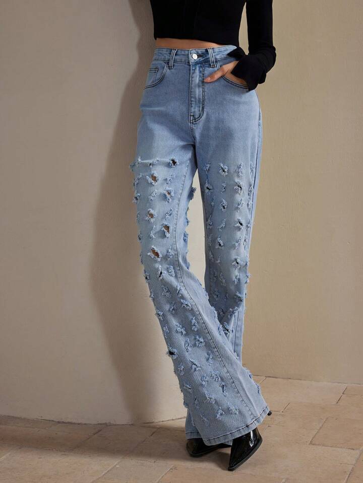 CM-BS416899 Women Casual Seoul Style High Waist Skinny Flared Leg Jeans - Blue