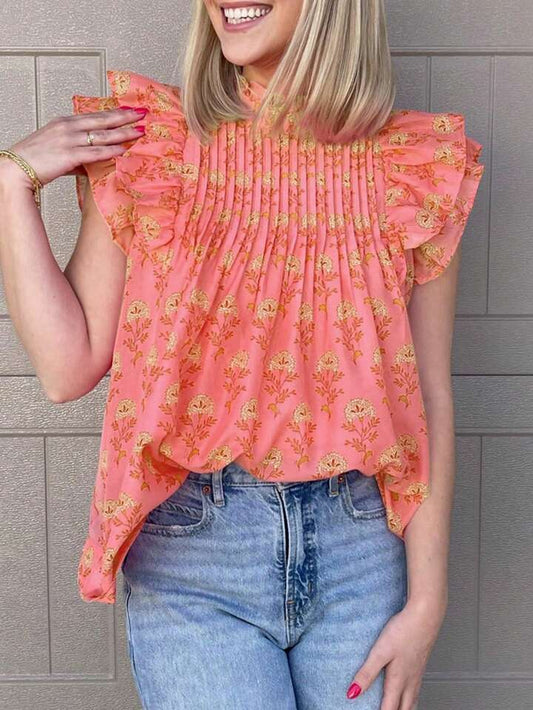 CM-TS895871 Women Trendy Bohemian Style Floral Print Fly Sleeves Ruffled High Neck Blouse - Orange