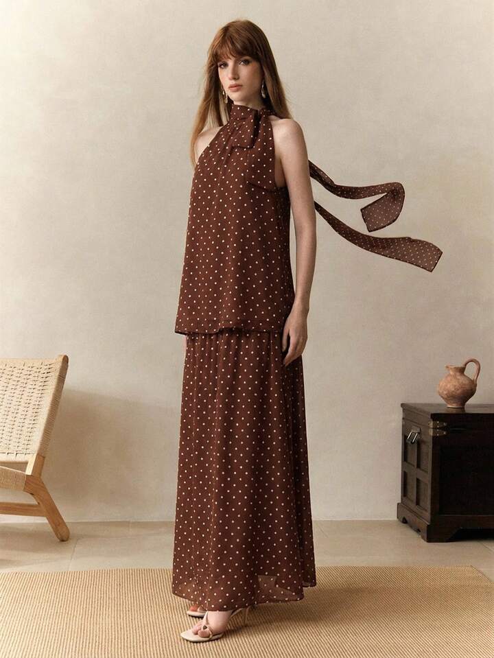 CM-SS926927 Women Trendy Bohemian Style Chiffon Polka Dot Print Sleeveless Halter Neck Top With Skirt - Set