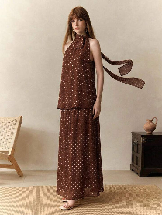 CM-SS926927 Women Trendy Bohemian Style Chiffon Polka Dot Print Sleeveless Halter Neck Top With Skirt - Set