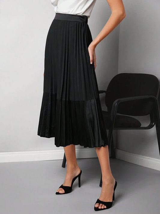 CM-BS614252 Women Elegant Seoul Style High Waist Long Pleated Skirt - Black