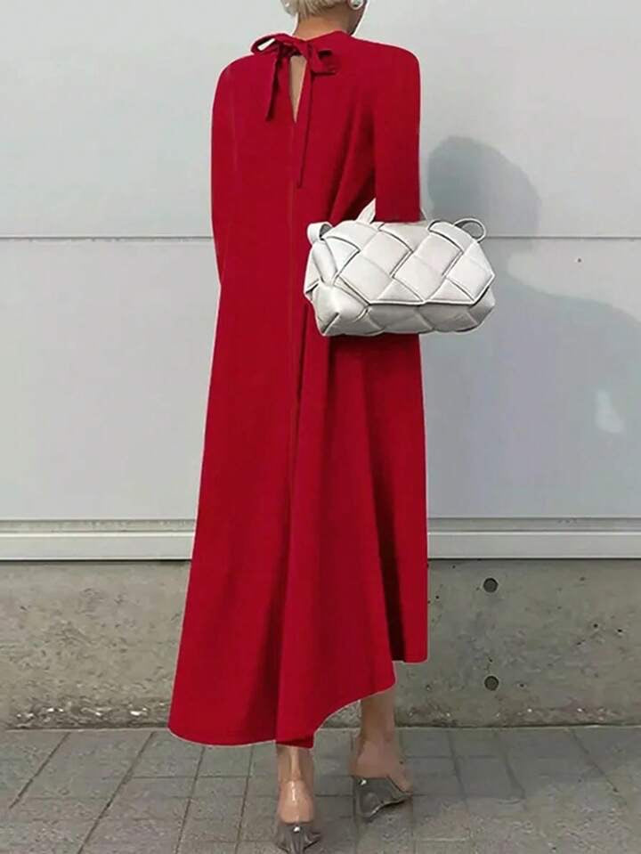 CM-DS107016 Women Elegant Seoul Style High Collar Long Sleeve Mid-Length Dress - Red