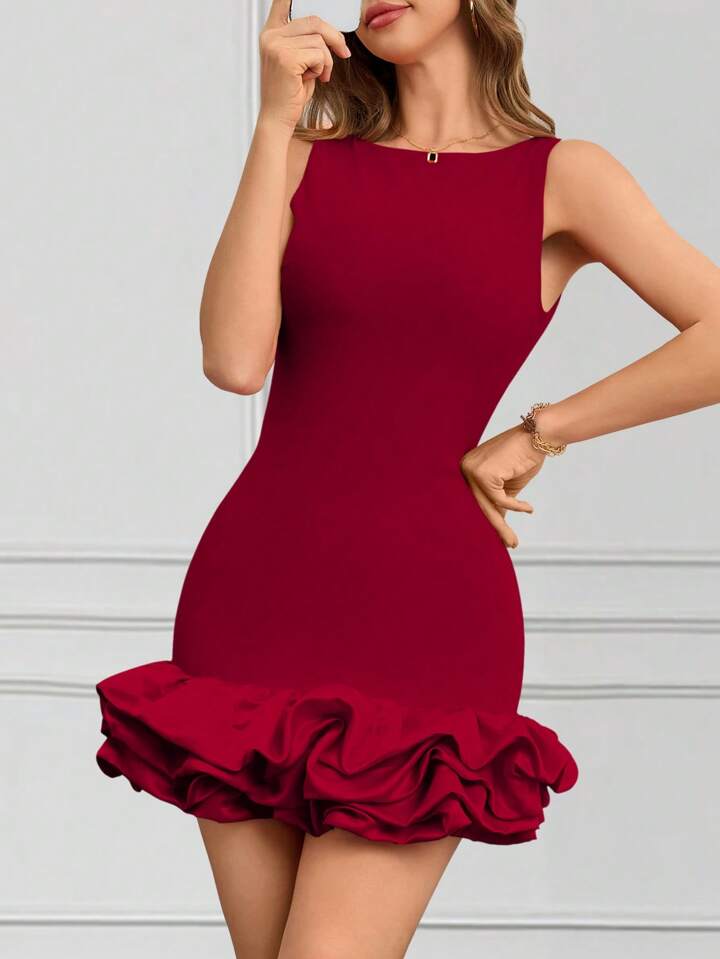 CM-DS314869 Women Elegant Seoul Style Round Neck Sleeveless Ruffle Hem Short A-Line Dress - Burgundy