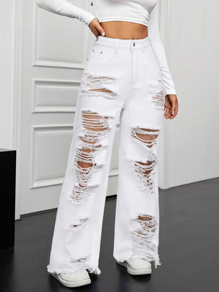 CM-BS760606 Women Casual Seoul Style Front Button Pocket Distressed Ripped Denim Long Jeans - White