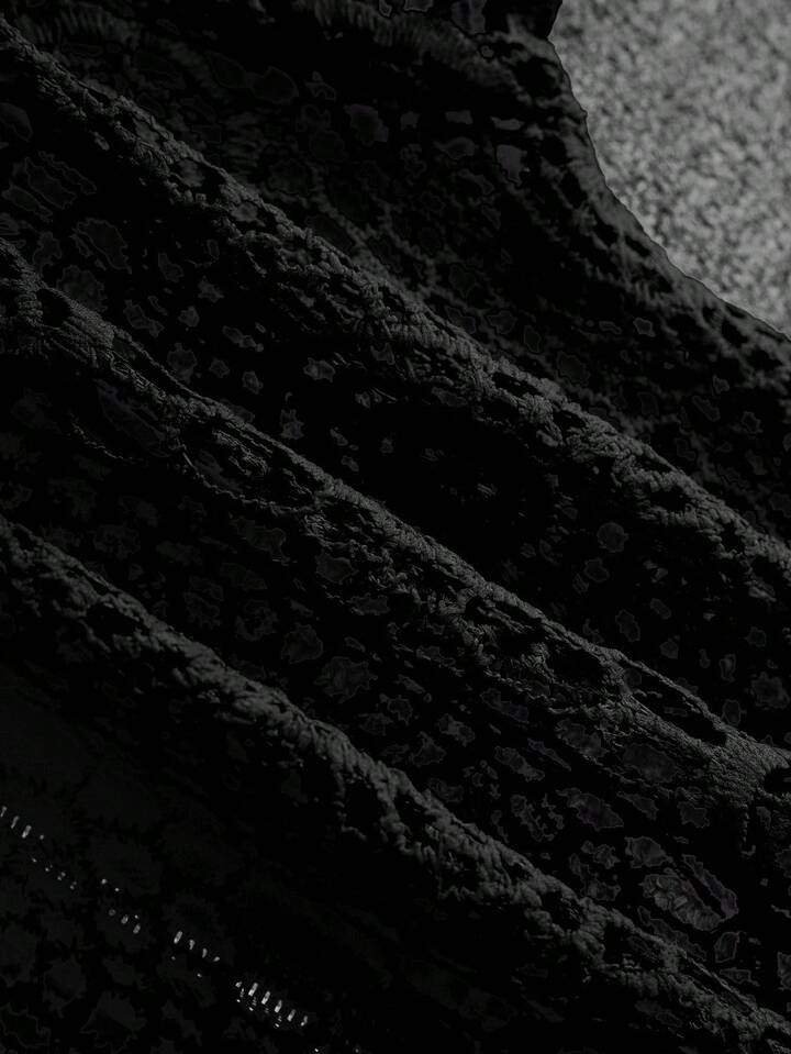 CM-TS020400 Women Casual Seoul Style Floral Lace Hollow Zipper Front Long Sleeve Blouse - Black