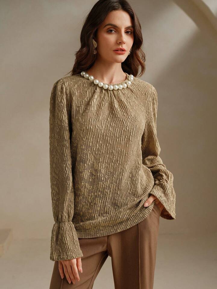 CM-TS591242 Women Elegant Seoul Style Pearl Collar V-Neck Bell Sleeve Textured Blouse Top - Khaki