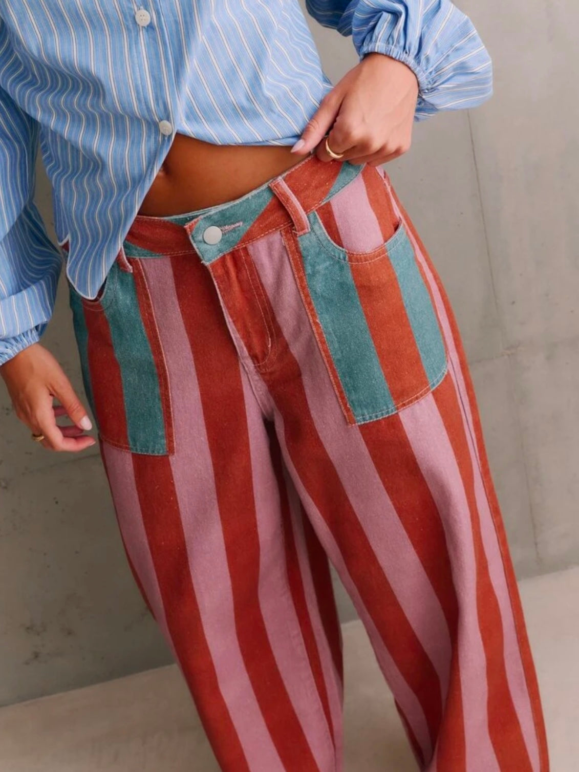 CM-BS998962 Women Elegant Seoul Style Mid Waist Front Patch Pockets Striped Wide Leg Denim Trousers