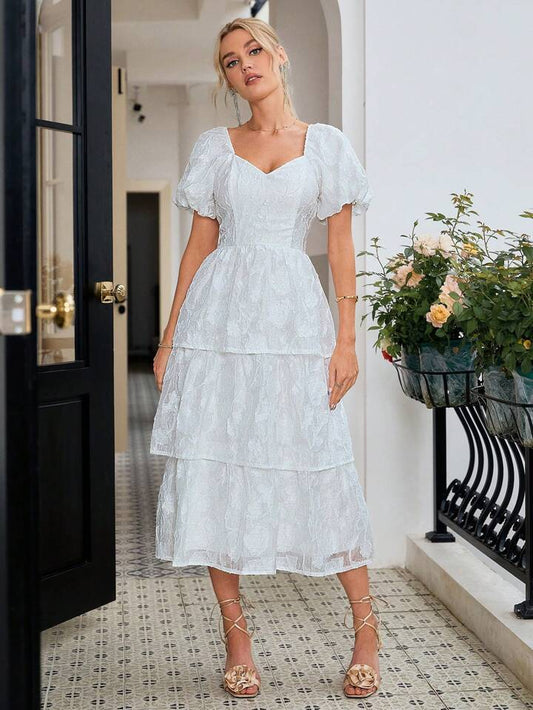 CM-DS311651 Women Elegant Seoul Style Sweetheart Neckline Short Sleeve Layered Floral Cutout Maxi Dress