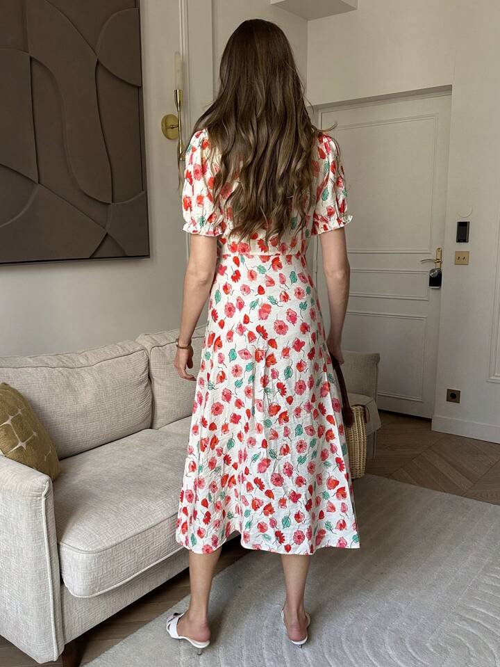 CM-DS348062 Women Trendy Bohemian Style V-Neck Puff Sleeve High Waist Floral Wrap Dress