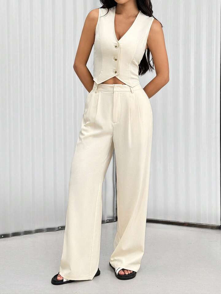 CM-SS116210 Women Casual Seoul Style Solid Color Single Row Button Top With Wide Leg Pants - Set