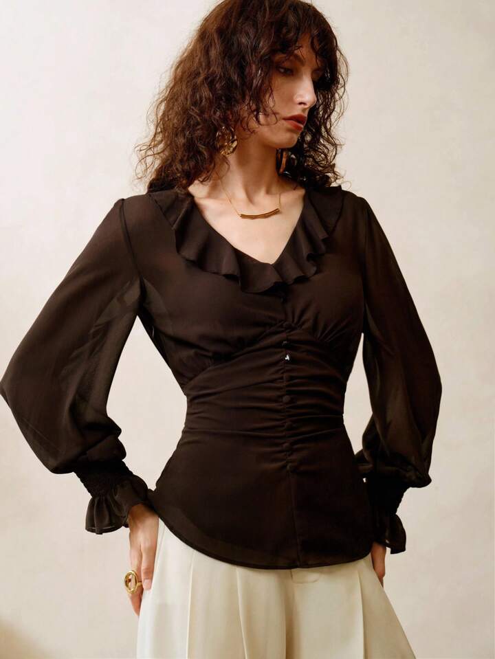 CM-TS909065 Women Elegant Seoul Style Chiffon V-Neck Ruffled Lace Long Sleeve Shirt - Coffee Brown