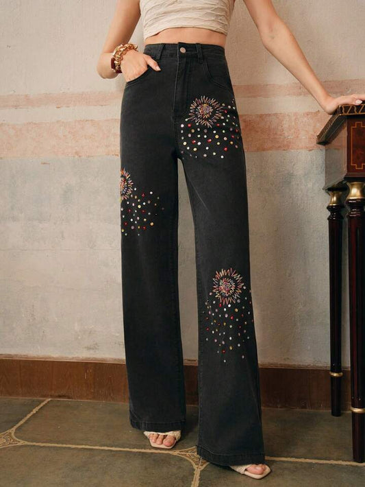 CM-BS322616 Women Casual Seoul Style Diamond Embroidered Floral Straight-Leg Jeans