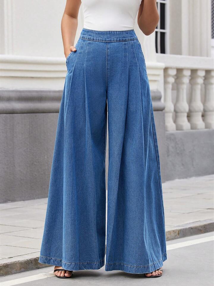 CM-BS481900 Women Casual Seoul Style Medium Wash High Waist Pleated Wide-Leg Jeans